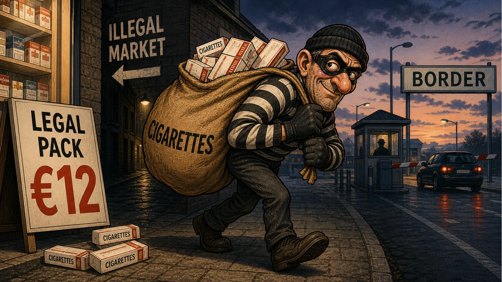 Redactionele karikatuur van een gemaskerde smokkelaar met een juten zak vol sigaretten bij een Europese grens, tegenover een duur legaal pakje en een bord dat naar de illegale markt wijst.