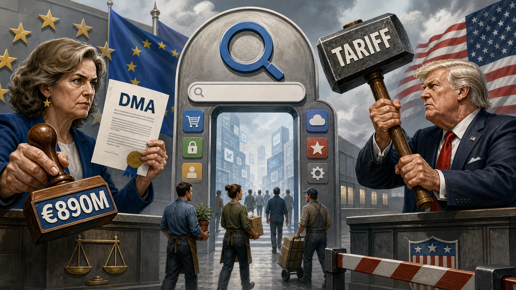 Redactionele karikatuur van Europese Commissievoorzitter Ursula von der Leyen met een DMA-boetestempel en Donald Trump met een tariefhamer tegenover een grote digitale zoekpoort.