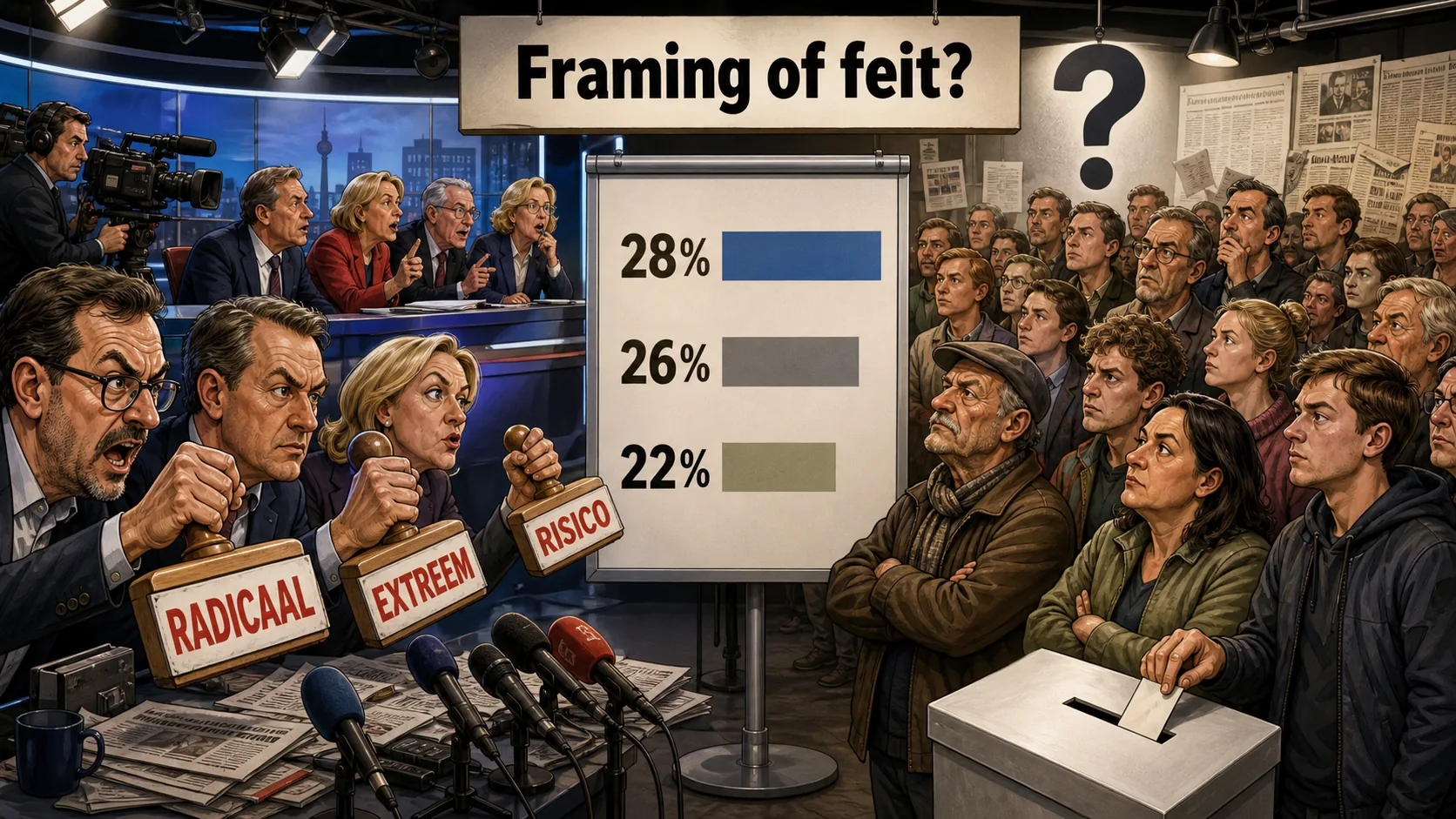 Redactionele karikatuur waarin journalisten stempels met radicaal, extreem en risico vasthouden tegenover een peilingbord en een grote groep kiezers bij een stembus.
