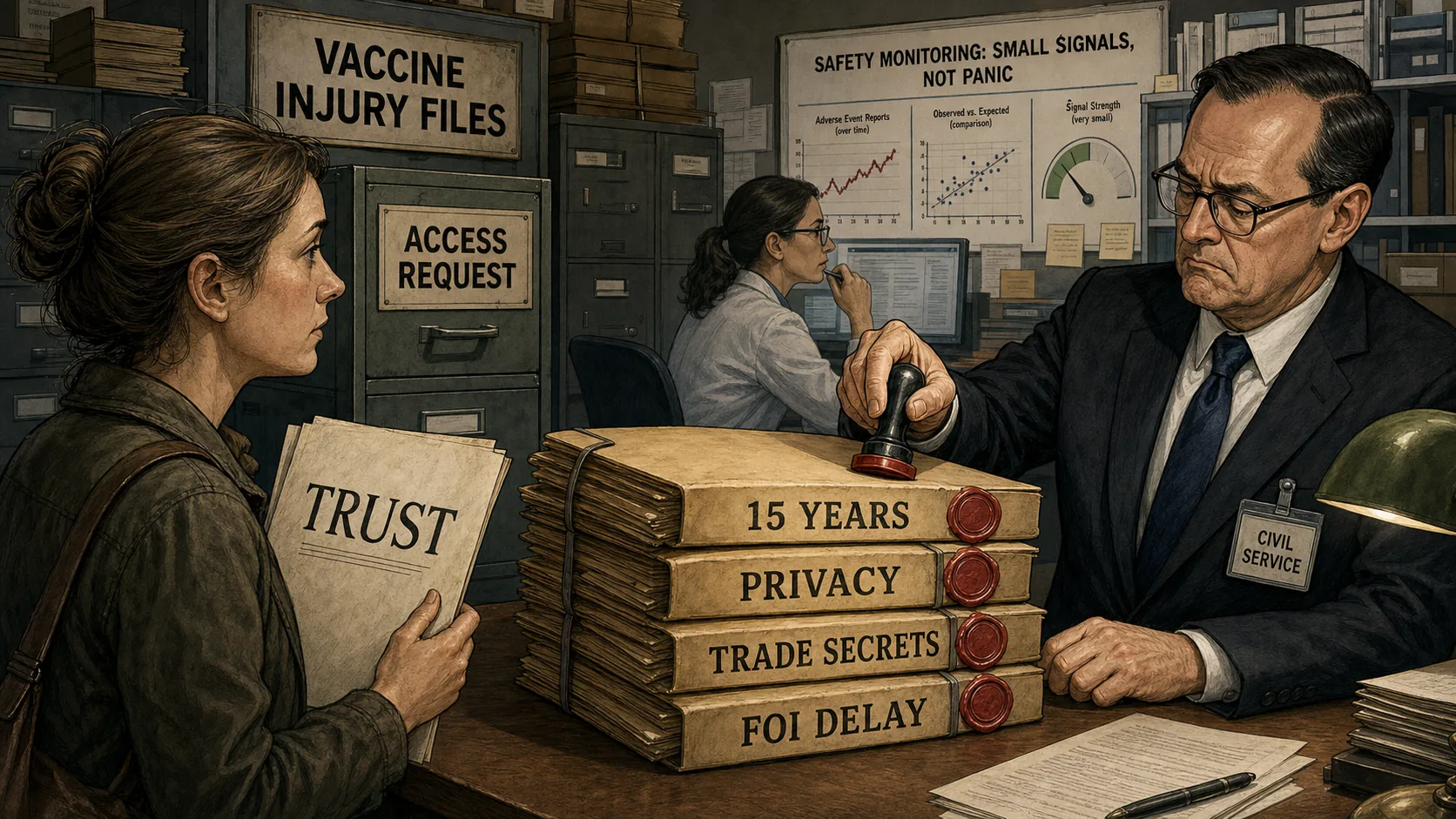 Redactionele karikatuur van een overheidsarchief waar vaccinschadedossiers met stempels als privacy, bedrijfsgeheim en FOI-vertraging worden verzegeld terwijl een burger om inzage vraagt.