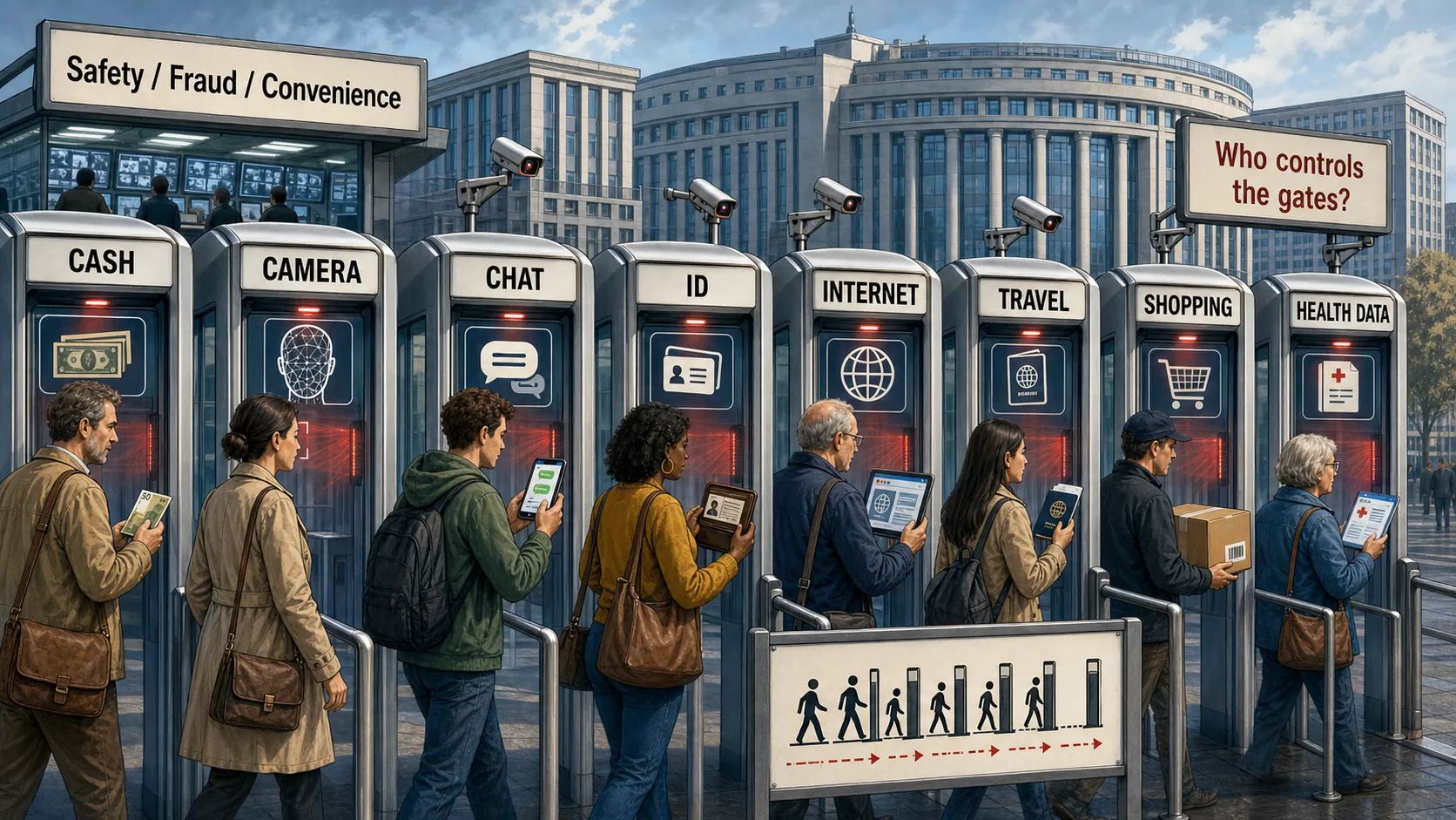 Redactionele karikatuur waarin burgers langs poorten voor cash, camera, chat, ID, internet, reizen, winkelen en gezondheidsdata lopen terwijl boven elke poort een scanlamp hangt.