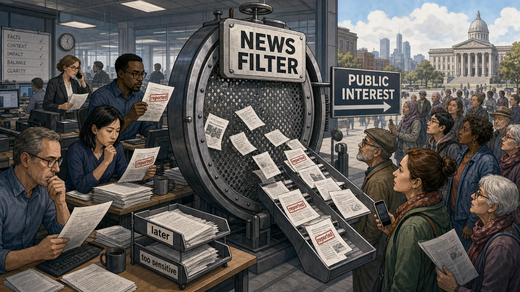 Redactionele karikatuur van een nieuwsfilter in een redactie waar sommige stukken worden doorgelaten en andere in bakken met later en te gevoelig blijven liggen terwijl lezers buiten wachten op het volledige beeld.