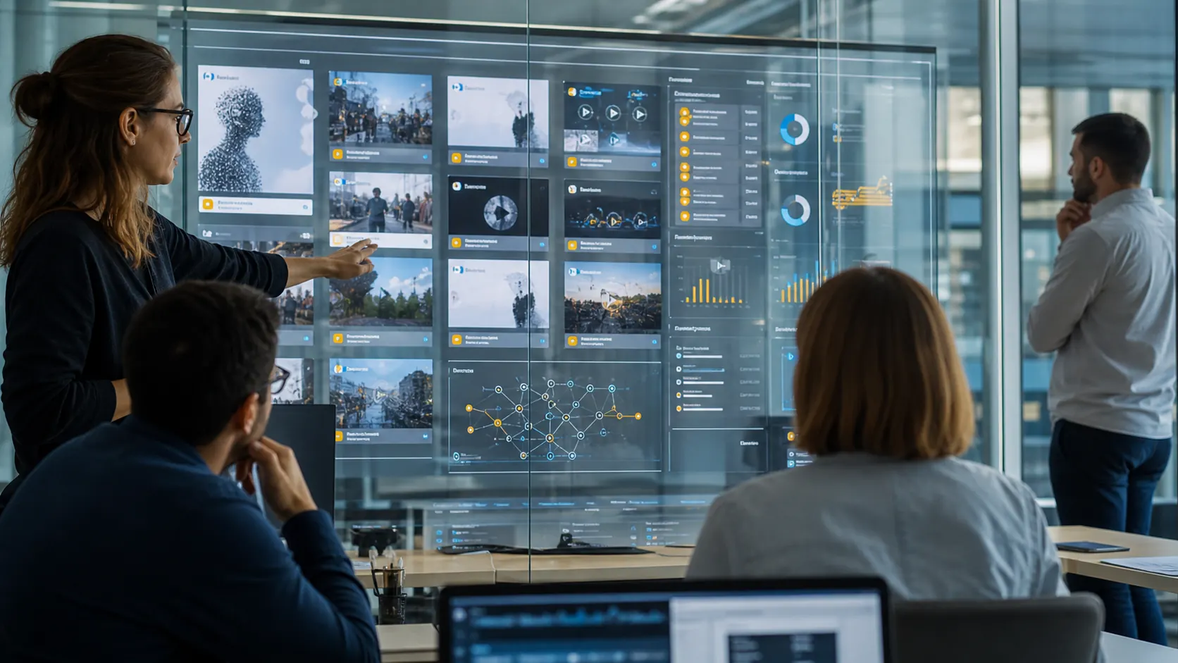 Realistisch redactioneel beeld van een Europese digitale controlekamer met abstracte AI-contentlabels en platformdashboard als illustratie bij AI Act en DSA-toezicht.
