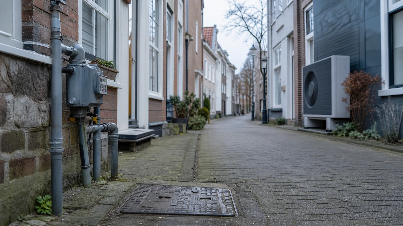 Realistische redactionele foto van een Nederlandse woonstraat met gasnetinfrastructuur en een moderne warmtepomp op de achtergrond.