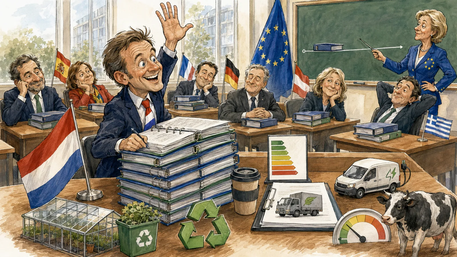 Karikatuur van een Europese klas waarin Nederland vooraan enthousiast extra klimaat- en milieuregels opstapelt, met symbolen voor landbouw, vervoer, energie en recycling.