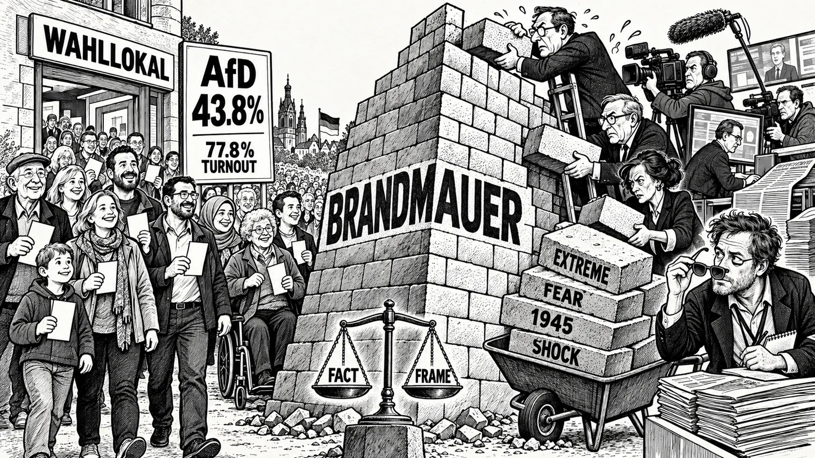 Schwarz-weiße Wählerkarikatur neben einer Brandmauer, auf der Medien Steine ​​mit Begriffen wie Extrem, Angst, 1945 und Schock stapeln.