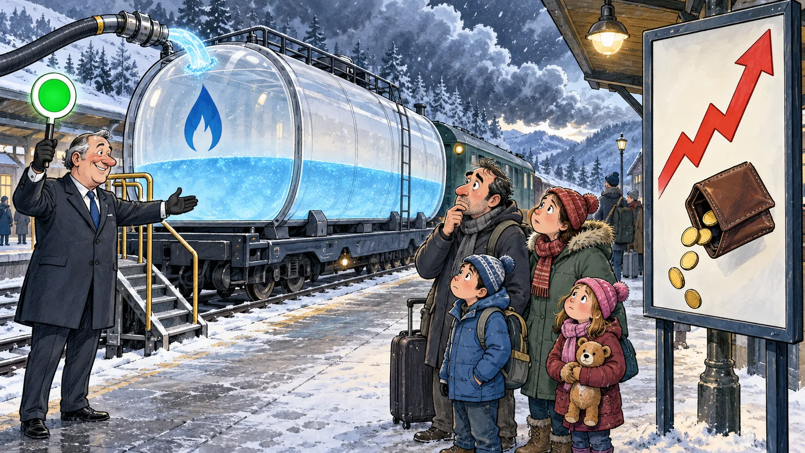 Tekstloze redactionele karikatuur van een halfgevulde gastank in een besneeuwd landschap, een geruststellende bestuurder en een bezorgd gezin naast een symbool voor stijgende kosten.