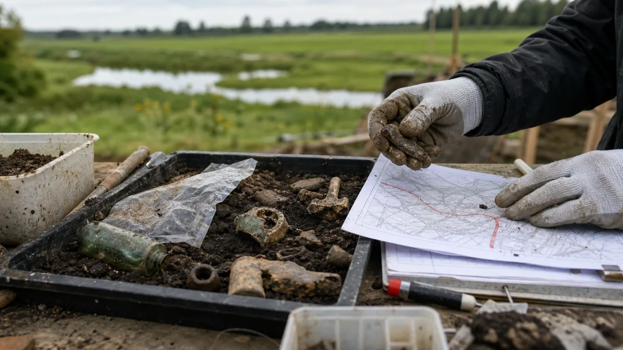 AI-illustratie van archeologische vondsten bij een veldonderzoek.
