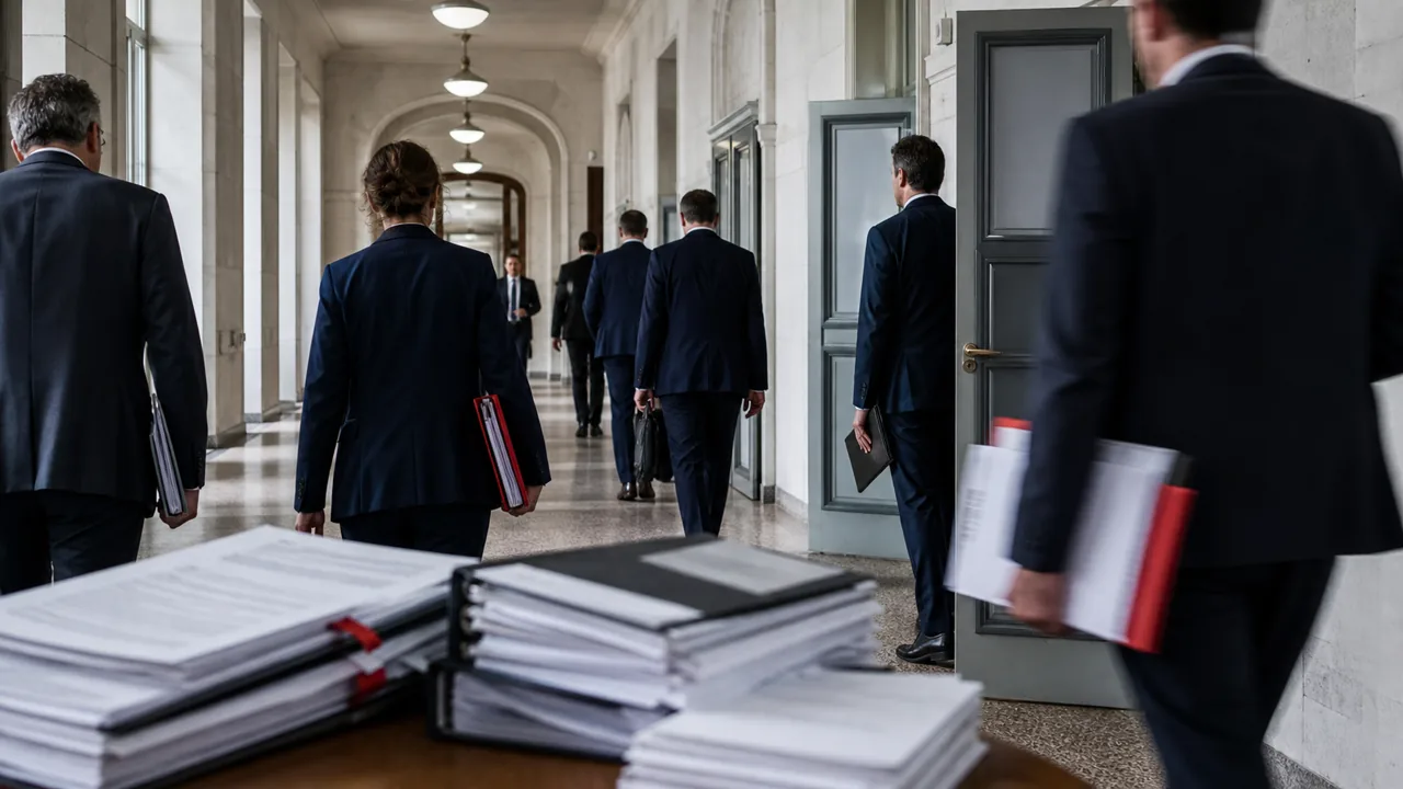 AI-illustratie van politici in een overheidsgebouw met dossiers en vergaderstukken.