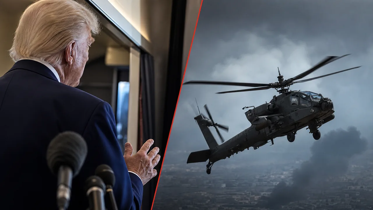 AI-illustratie van een politieke leider bij microfoons naast een militaire helikopter.