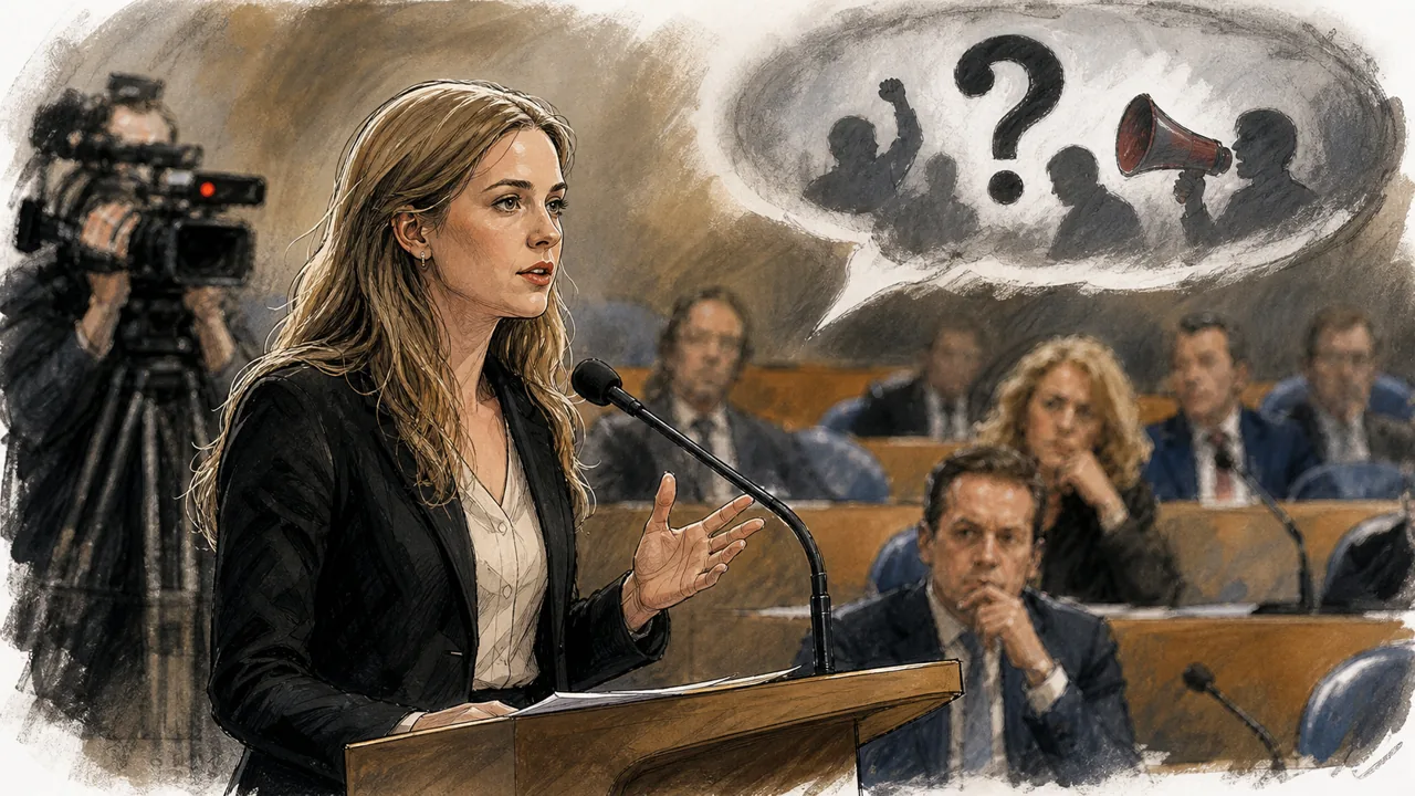 AI-illustratie van een jonge vrouwelijke politicus bij een spreekgestoelte tijdens een fel Kamerdebat over FVD.