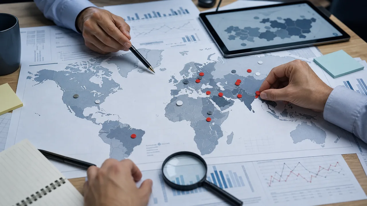 AI-illustratie van analisten bij een wereldkaart met conflictmarkeringen.