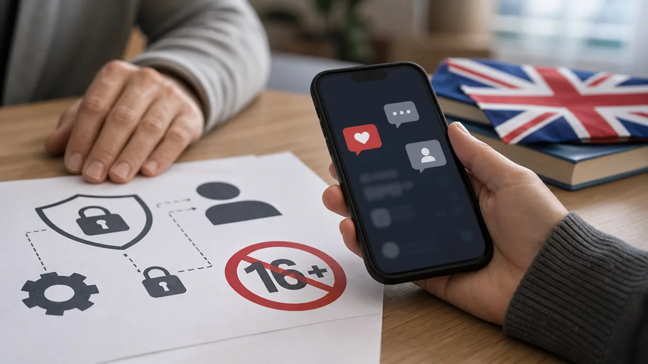 AI-illustratie van een smartphone, privacy-iconen en een leeftijdsgrens rond sociale media.